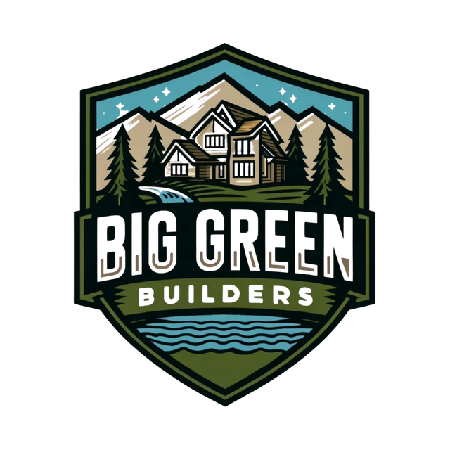 Big Green Builders badge: a house among pines beneath a mountain ridge